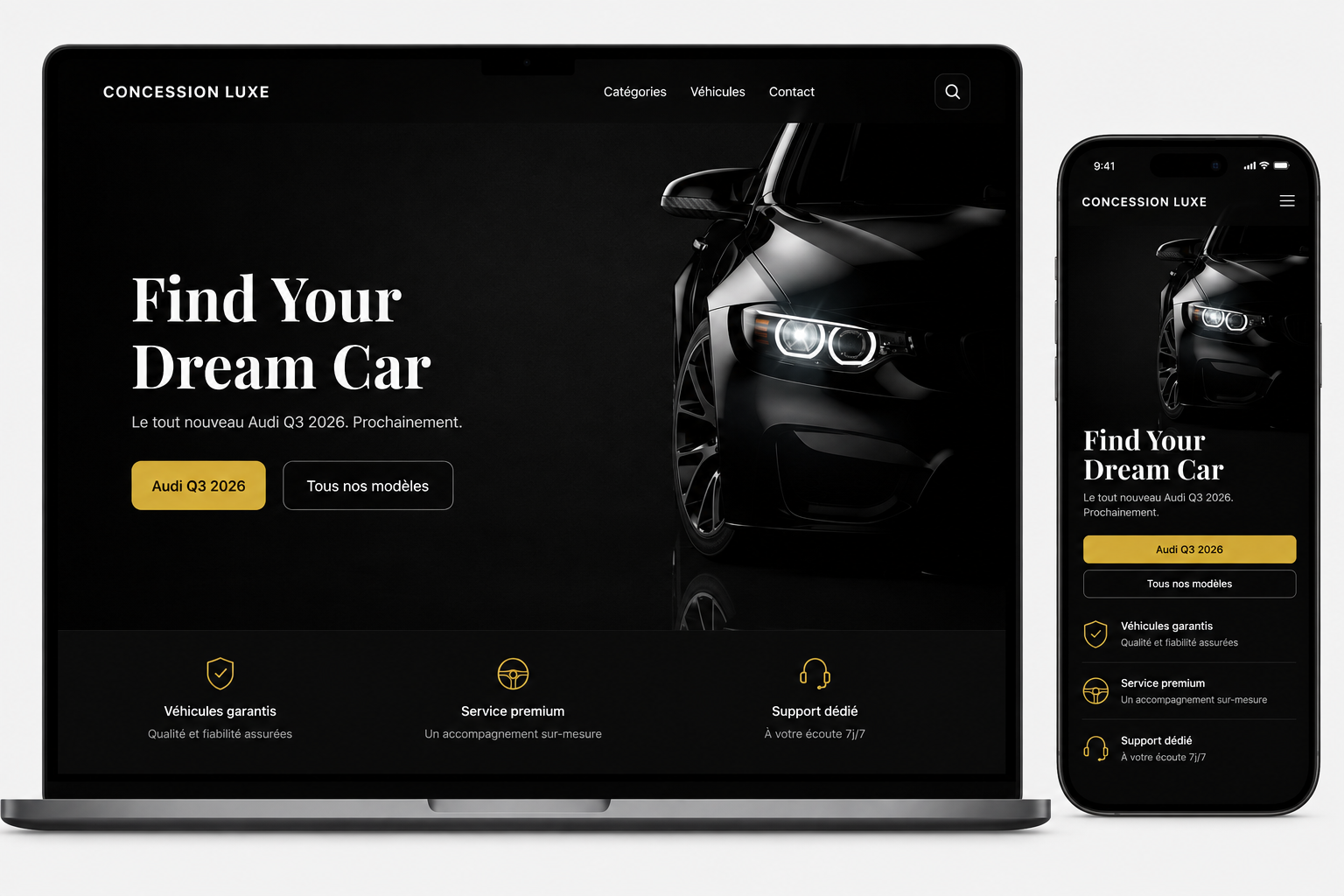 Capture du site vitrine premium Concession Luxe avec vehicules haut de gamme